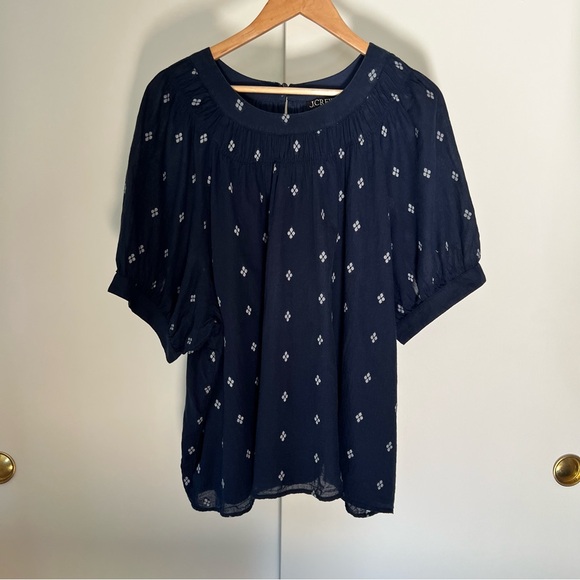 J. Crew Smock neck puff sleeve top in “dot” Navy Top 3X - Picture 2 of 5